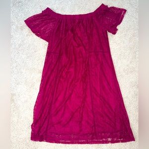 Off the shoulder dress, bright pink with pretty lace detail.